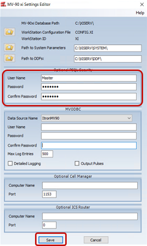 The MV-90 xi Settings Editor dialog appears.